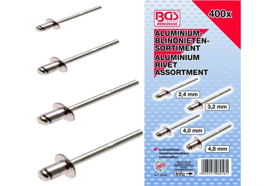 BGS Nitassortiment alu 2,4-3,2-4,0-4,8mm, 400 delar
